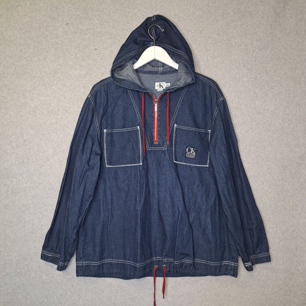 Vintage Calvin Klein Large Denim Hoodie Jacket Top CK Jeans Red Zip Drawstring